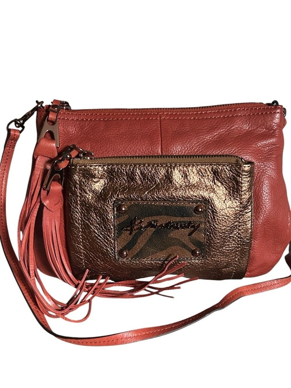 B. Makowsky Brown Leather Crossbody Bag with Bronze Metallic Exterior Pockets
